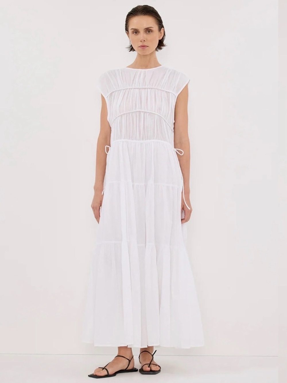 DISSH White Tiered Midi Dress with Side Ties